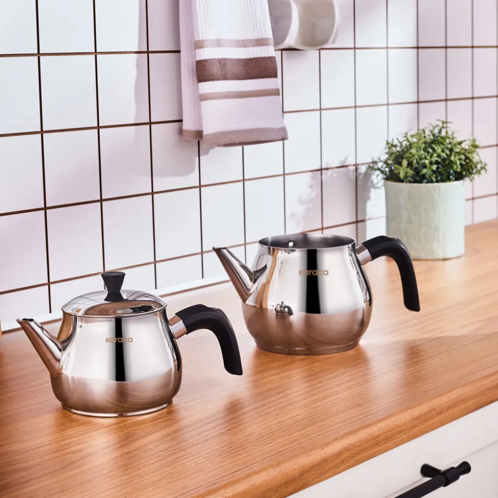 Karaca Kayra Stainless Steel Induction Teapot Set, Medium, Black Silver