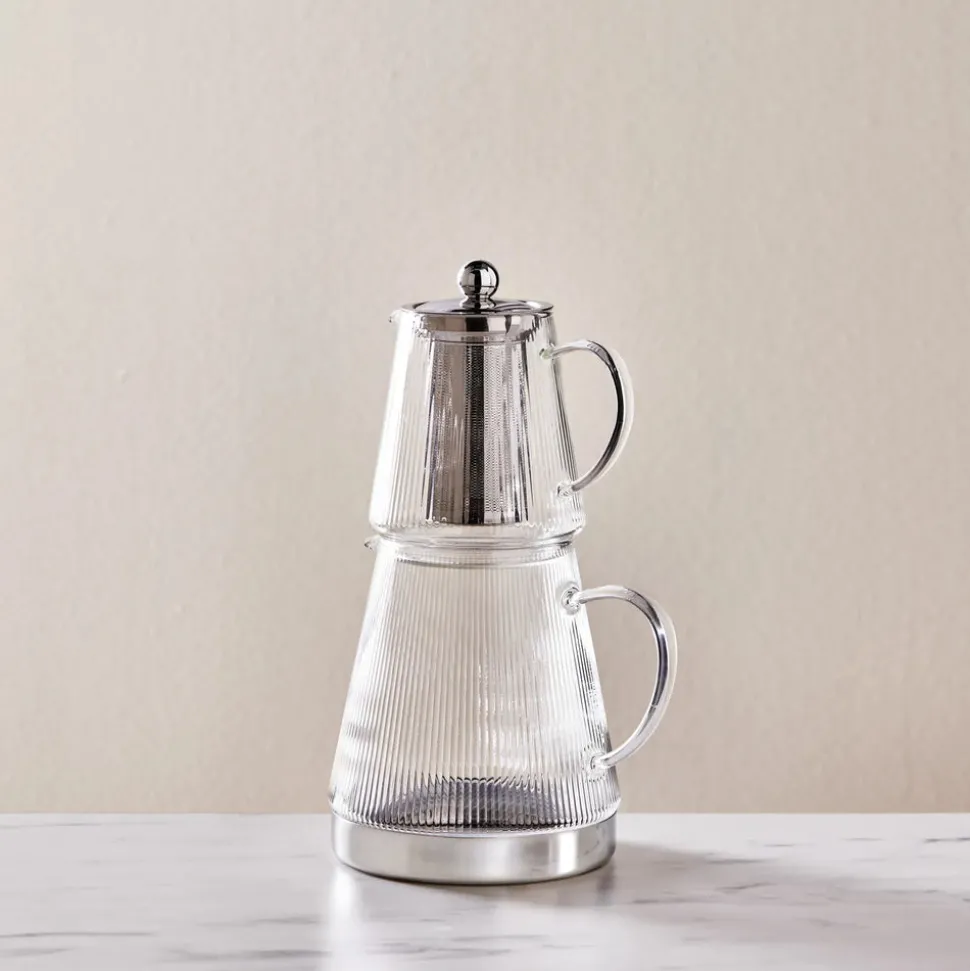 Karaca Keops Borosilicate Glass Teapot Set, Transparent Silver