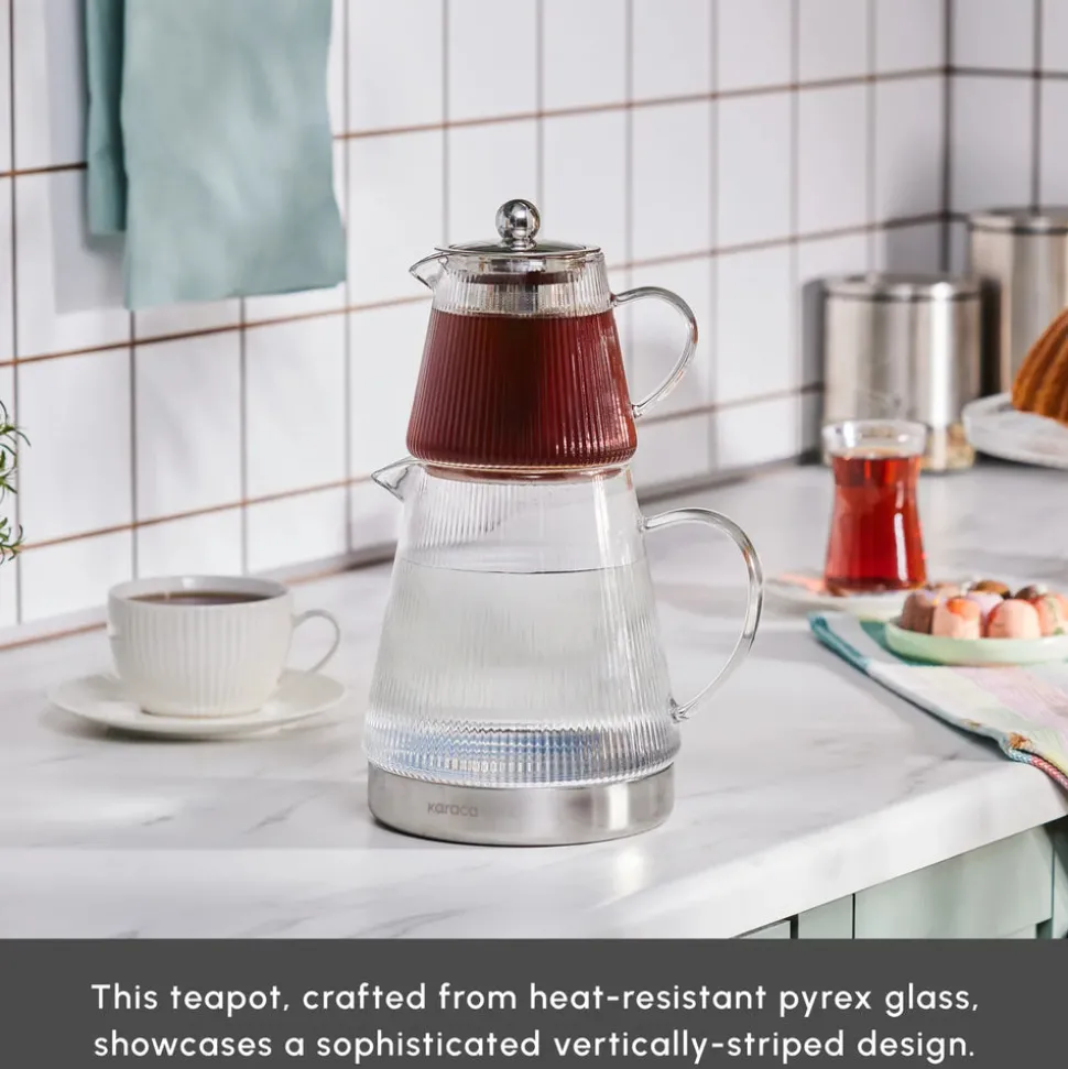 Karaca Keops Borosilicate Glass Teapot Set, Transparent Silver