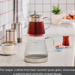 Karaca Keops XL Borosilicate Glass Teapot Set, Transparent Silver