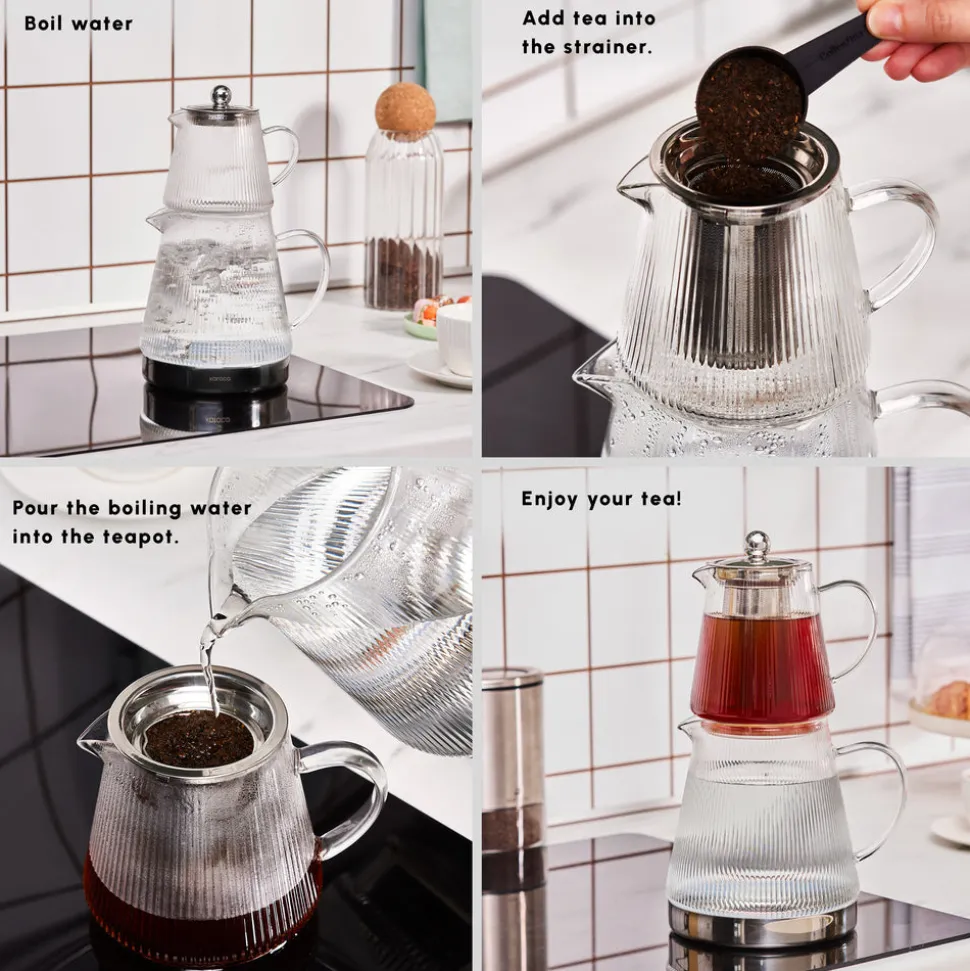 Karaca Keops XL Borosilicate Glass Teapot Set, Transparent Silver