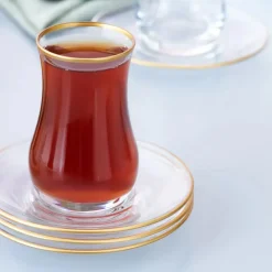 Karaca Kirke 12 Piece Glass Turkish Tea Set for 6 People, 110ml, Gold Transparent