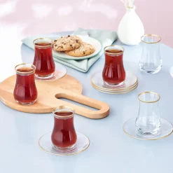 Karaca Kirke 12 Piece Glass Turkish Tea Set for 6 People, 110ml, Gold Transparent