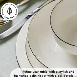 Karaca Lea 30-Piece Bone China Dinner Set for 6 People, White Black