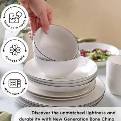 Karaca Lea 30-Piece Bone China Dinner Set for 6 People, White Black