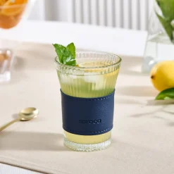 Karaca Leather Cool Touch Latte Coffee Glass, 210 Ml, Navy Blue