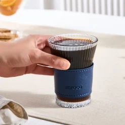 Karaca Leather Cool Touch Latte Coffee Glass, 210 Ml, Navy Blue