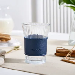 Karaca Leather Cool Touch Latte Coffee Glass, 210 Ml, Navy Blue