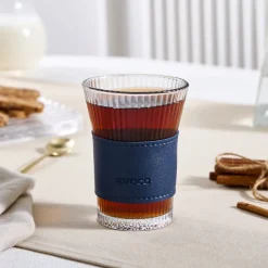 Karaca Leather Cool Touch Latte Coffee Glass, 210 Ml, Navy Blue