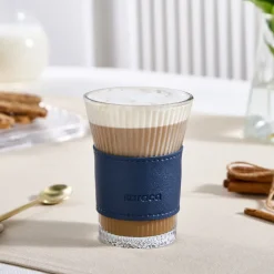 Karaca Leather Cool Touch Latte Coffee Glass, 210 Ml, Navy Blue