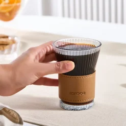 Karaca Leather Cool Touch Latte Coffee Glass, 210 Ml, Brown