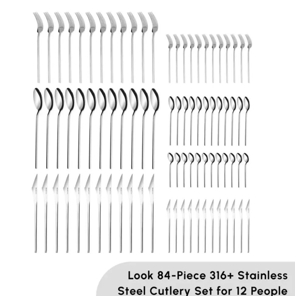 Karaca Look 84-Piece 316+ Stainless Steel Cutlery Set for 12 People, Silver