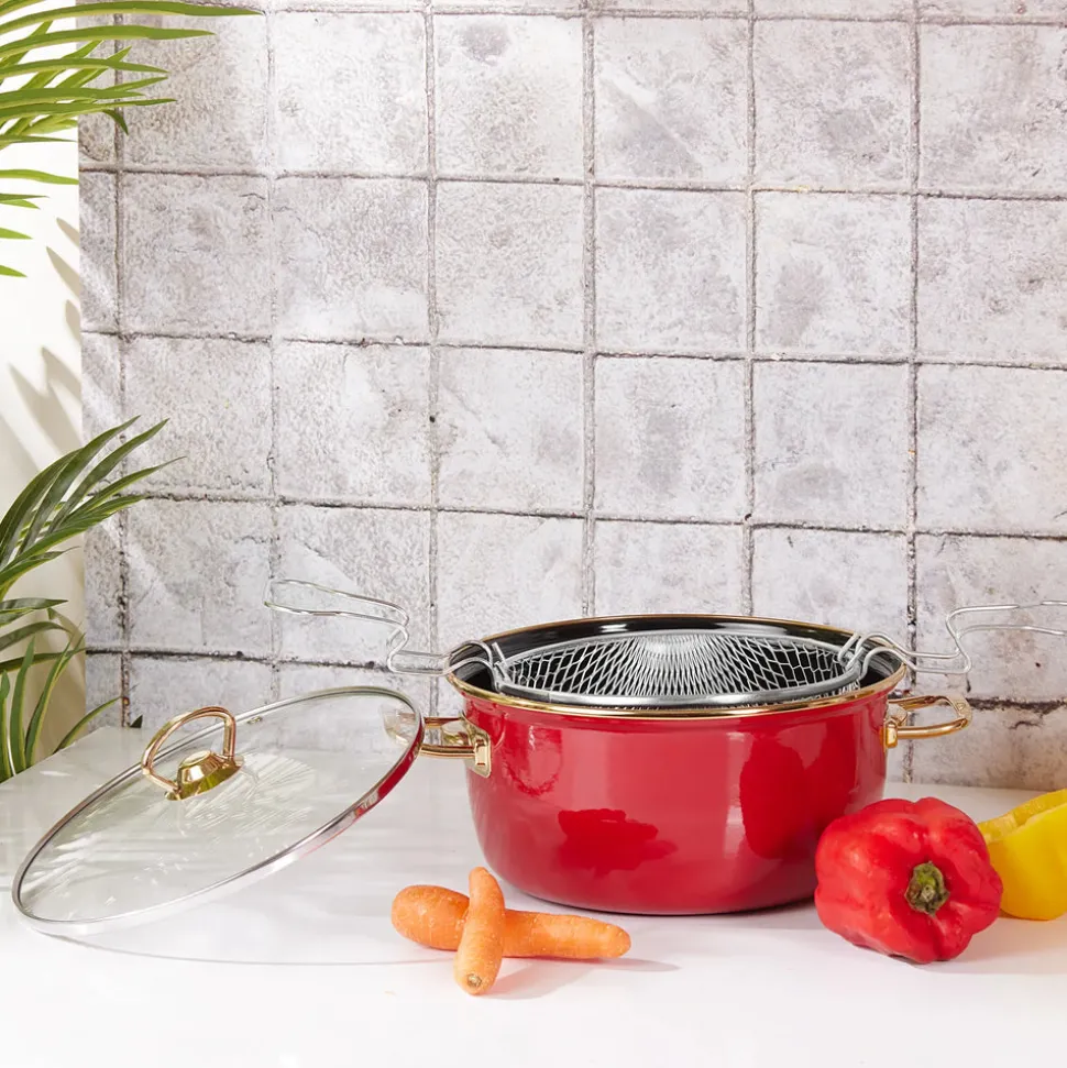 Karaca Love of Kitchen Retro Enamel Induction Frying Pot, 22cm, Red