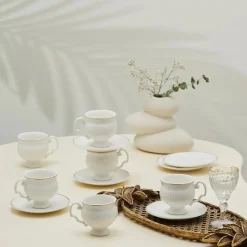 Karaca Malta 12-Piece Porcelain Espresso Turkish Coffee Cup Set for 6 People, 100ml, White Gold