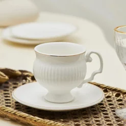 Karaca Malta 12-Piece Porcelain Espresso Turkish Coffee Cup Set for 6 People, 100ml, White Gold