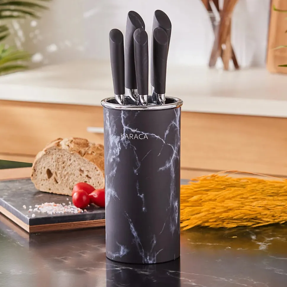 Karaca Marble 5 Piece Knife Block Set, Black