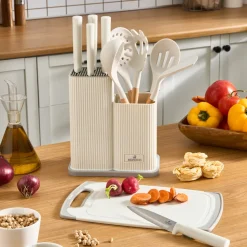 Karaca Massimo 12-Piece Knife Block Set, Chopping Board and Kitchen Utensil Set, Cream