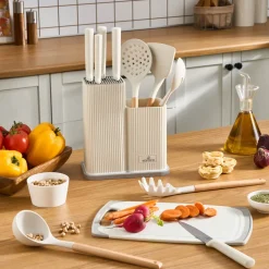 Karaca Massimo 12-Piece Knife Block Set, Chopping Board and Kitchen Utensil Set, Cream