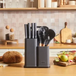 Karaca Massimo 12-Piece Knife Block Set, Chopping Board and Kitchen Utensil Set, Anthracite
