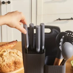 Karaca Massimo 12-Piece Knife Block Set, Chopping Board and Kitchen Utensil Set, Anthracite