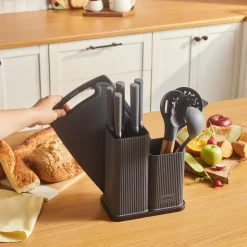 Karaca Massimo 12-Piece Knife Block Set, Chopping Board and Kitchen Utensil Set, Anthracite