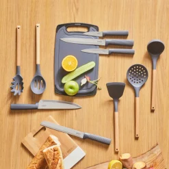 Karaca Massimo 12-Piece Knife Block Set, Chopping Board and Kitchen Utensil Set, Anthracite