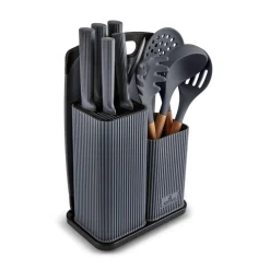 Karaca Massimo 12-Piece Knife Block Set, Chopping Board and Kitchen Utensil Set, Anthracite