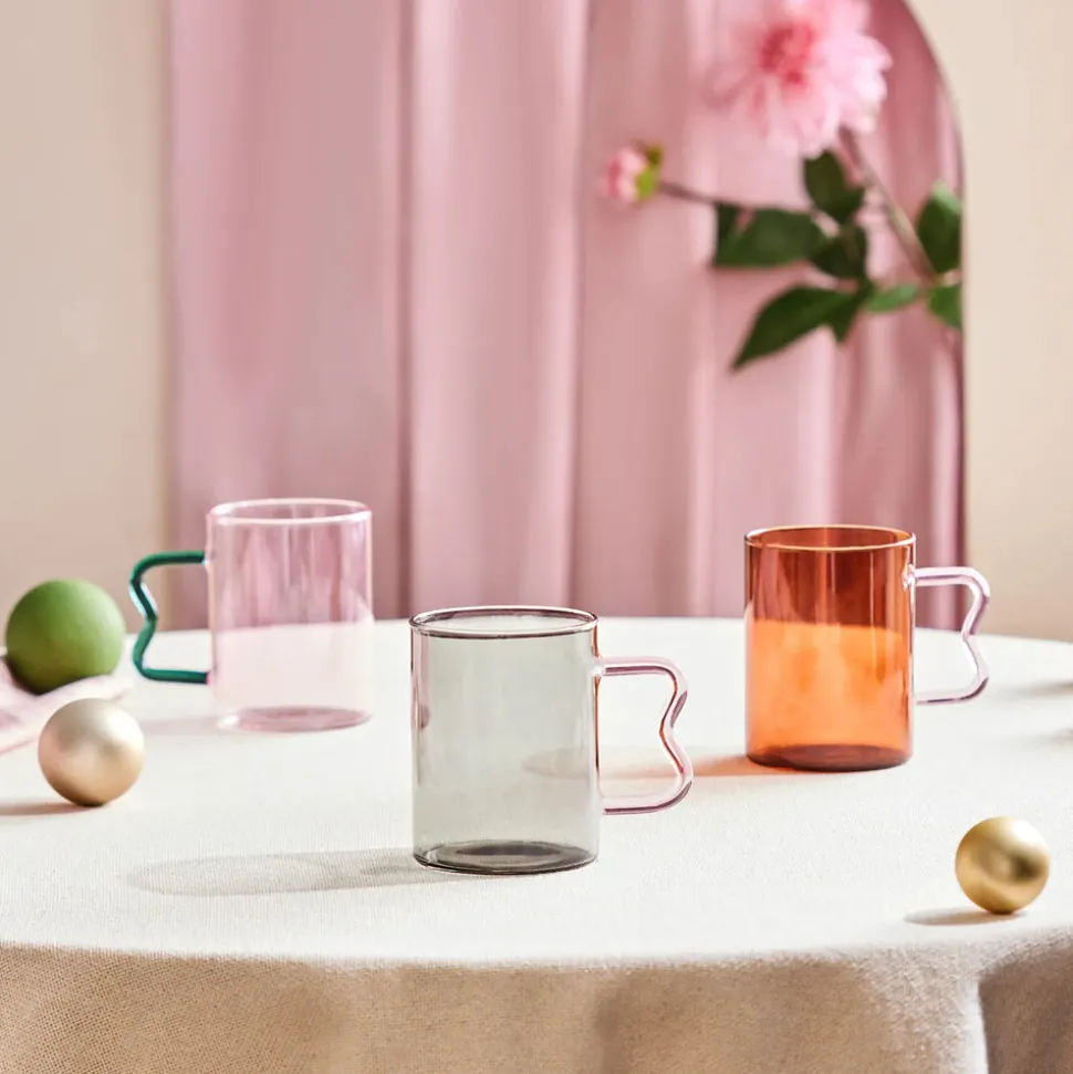 Karaca Miracle Glass Mug, 450ml, Amber Pink Zigzag