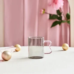 Karaca Miracle Glass Mug, 450ml, Anthracite Pink Zigzag
