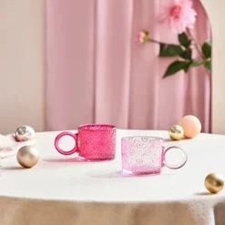 Karaca Miracle Glass Mug, 240ml, Powder Pink Circle