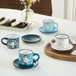 Karaca Monet 8-Piece Stoneware Espresso Turkish Coffee Cup Set for 4 People, 60ml, Multi