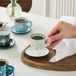 Karaca Monet 8-Piece Stoneware Espresso Turkish Coffee Cup Set for 4 People, 60ml, Multi