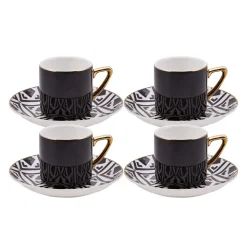 Karaca Monochrome 8 Piece Porcelain Espresso Turkish Coffee Cup Set for 4 People, 90ml, Black White Gold