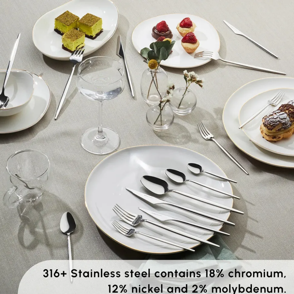 Karaca Moongate 84-Piece 316+ Stainless Steel Cutlery Set for 12 People, Silver