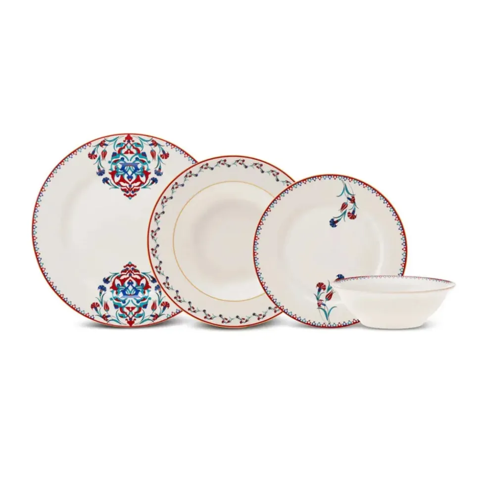 Karaca Nakkaş 24-Piece Bone China Dinner Set for 6 People, White Multi