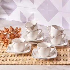 Karaca Nazende 12 Piece Porcelain Espresso Turkish Coffee Cup Set for 6 People, 80ml, White Platinum