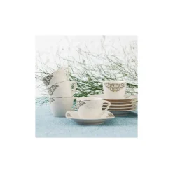 Karaca Nazende 12 Piece Porcelain Espresso Turkish Coffee Cup Set for 6 People, 80ml, White Platinum