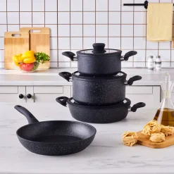 Karaca Nebula Granite 7-Piece Non-Stick Induction Cookware Set, Black