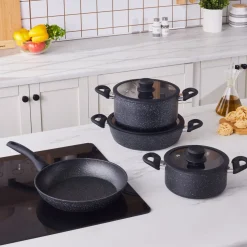 Karaca Nebula Granite 7-Piece Non-Stick Induction Cookware Set, Black