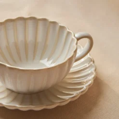 Karaca New Daisy Stoneware Glass Tea Cup and Saucer, 250ml, White