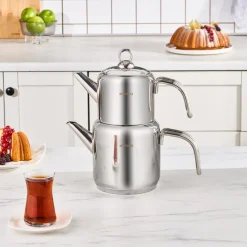 Karaca New Mani Stainless Steel Midi Size Teapot Set, Large, Silver