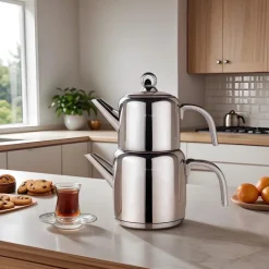 Karaca New Mani Stainless Steel Midi Size Teapot Set, Large, Silver