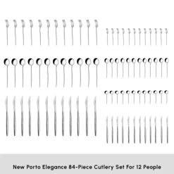Karaca New Porto Elegance 84-Piece Stainless Steel Cutlery Set for 12 People, Silver
