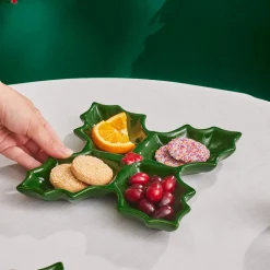 Karaca New Year Butcher's Broom 4-Section Snack Bowl, 18cm, Green