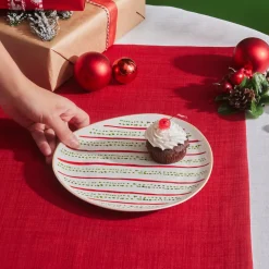 Karaca New Year Christmas Butcher's Broom Green Dot Side Plate, 20,5cm, Multi