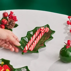 Karaca New Year Christmas Butcher's Broom Serving Platter, 22cm, Green