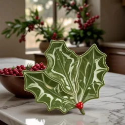 Karaca New Year Christmas Butcher's Broom Serving Plate, 20cm, Green