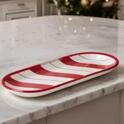 Karaca New Year Christmas Candy Stripe Serving Plate, 28cm, Red