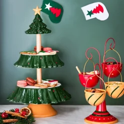 Karaca New Year Christmas Corrousel Ceramic Snack Bowl with Stand, 32cm, Multi