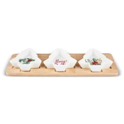Karaca New Year Christmas 3-Piece Bamboo Pine Tree Snack Bowl, Multi